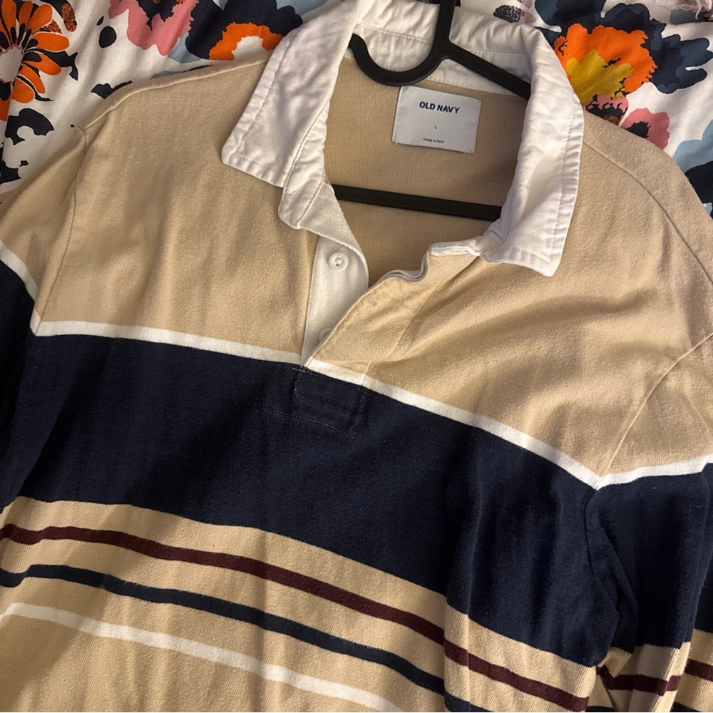 Old Navy Men's Polo Shirt - Navy and Beige Stripes